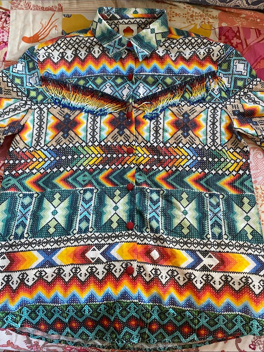 FARM Rio rare Beaded Fringe Button-Up in Multicolor Rainbow